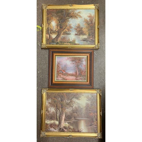 188 - 20TH CENTURY C.INNESS OILS ON CANVAS AUTUMNAL RIVER SCAPES IN GILT FRAMES, AND ONE OTHER OIL ON BOAR... 