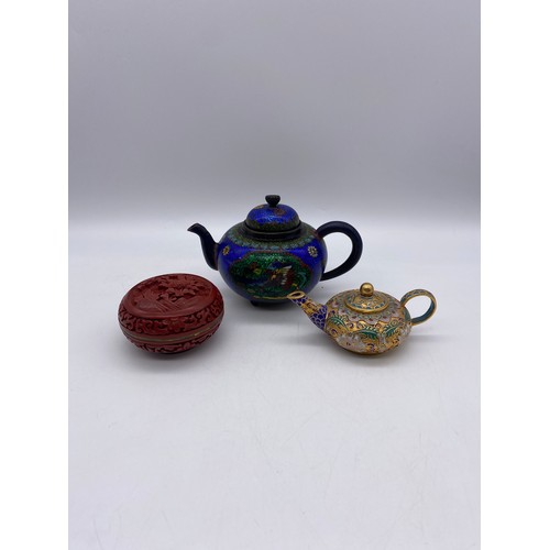 458 - JAPANESE CLOISONNÉ GLOBULAR TEAPOT, RED CINNABAR LAQUER SQUAT BOX AND COVER, AND MINIATURE CHINESE T... 