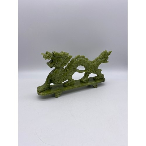 525 - CHINESE CARVED GREEN SOAP STONE DRAGON FIGURE