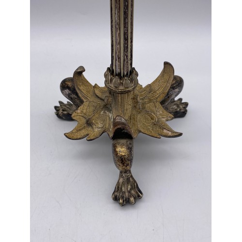 523 - 19TH CENTURY METAL WORK DOLPHIN TRIFORM COMPORT HOLDER, AND PAIR OF NEO CLASSICAL GOATS HEAD FACE MA... 