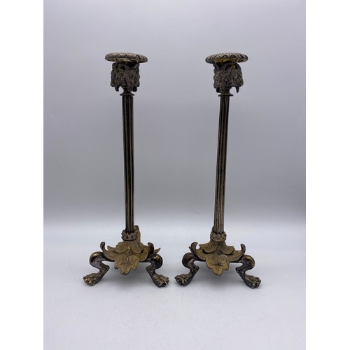 523 - 19TH CENTURY METAL WORK DOLPHIN TRIFORM COMPORT HOLDER, AND PAIR OF NEO CLASSICAL GOATS HEAD FACE MA... 