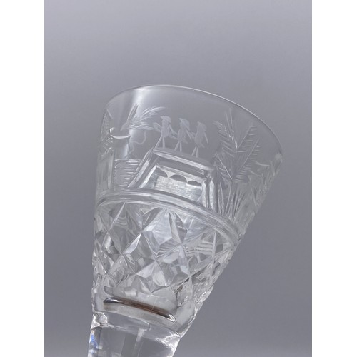 519 - GOOD QUALITY SUITES OF CUT GLASSWARE ETCHED WITH CHINESE FISHERMAN AND PAGODAS INCLUDING FLUTES, TUM... 