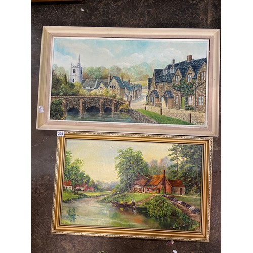 225 - OIL ON BOARD OF A RURAL TOWN AND OIL ON BOARD OF RIVERSIDE COTTAGE BY WJ LLOYD