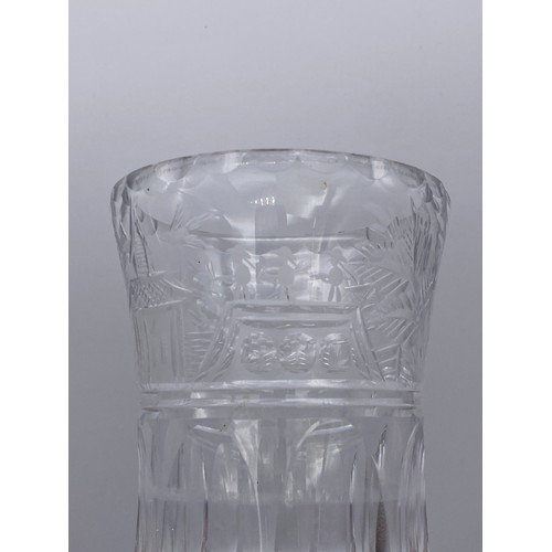 519 - GOOD QUALITY SUITES OF CUT GLASSWARE ETCHED WITH CHINESE FISHERMAN AND PAGODAS INCLUDING FLUTES, TUM... 