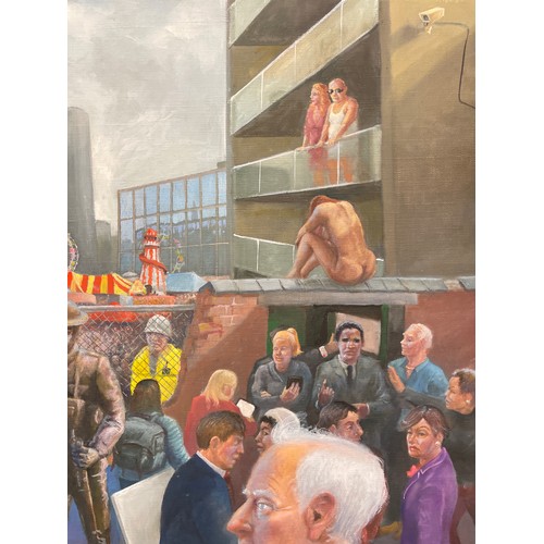 202 - OILS ON CANVAS ENTITLED THE STATUS QUEUE BY JOE RICE