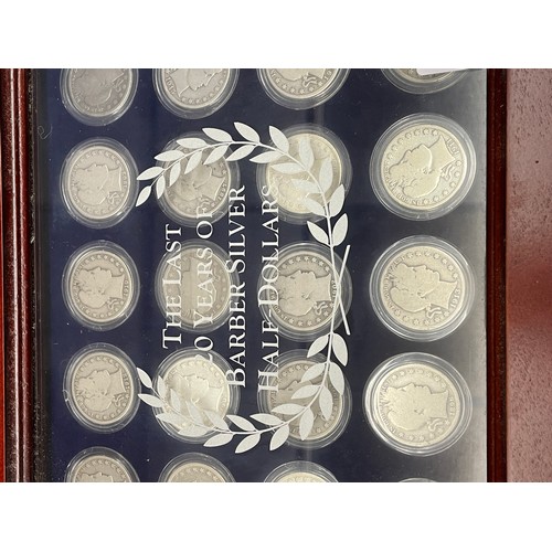 622 - GLAZED CABINET OF THE LAST 20 YEARS OF THE US BARBER SILVER HALF DOLLARS