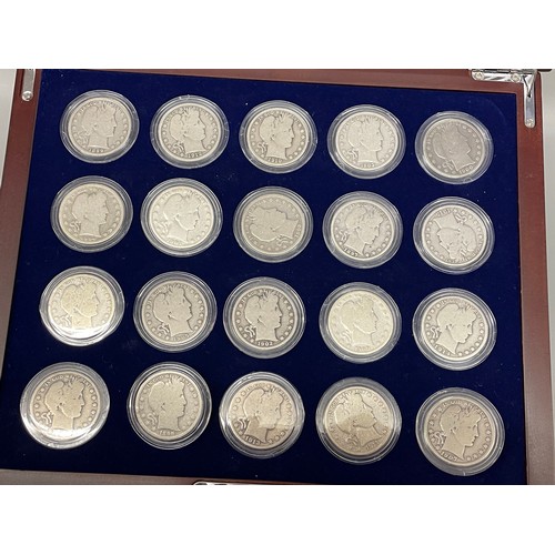 622 - GLAZED CABINET OF THE LAST 20 YEARS OF THE US BARBER SILVER HALF DOLLARS