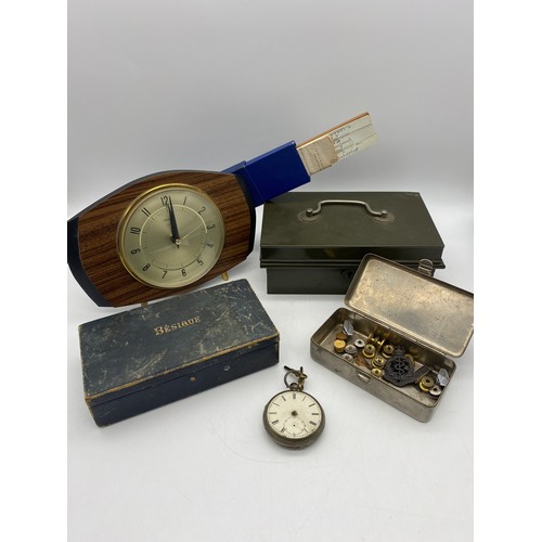 531 - 1960S METAMEC QUARTZ MANTLE CLOCK, ENAMEL CASH TIN, BOXED BESIQUE CARD GAME AND MARKERS, SLIDE RULER... 