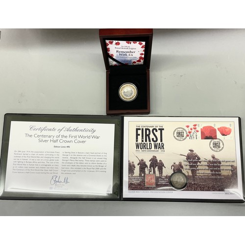 614 - WESTMINSTER MINT CENTENARY OF THE FIRST WORLD WAR SILVER HALF CROWN COVER LIMITED EDITION 495 WITH A... 