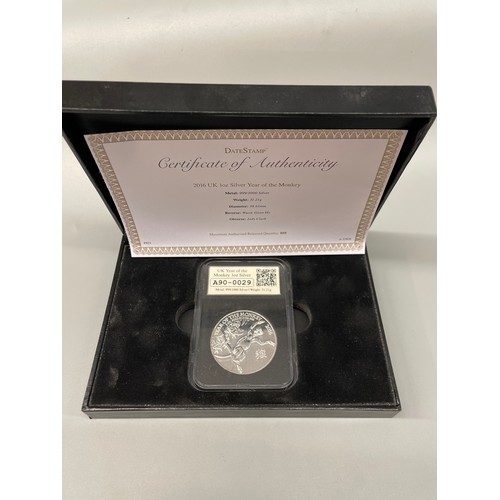 620 - CASED 2016 UK ONE OUNCE SILVER YEAR OF THE MONKEY COIN