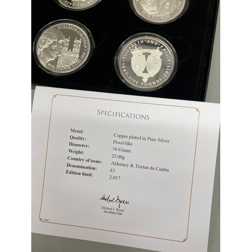 604 - BOXED JUBILEE MINT ALDERNEY AND TRISTAN DA CUNHA £5 DENOMINATION PROOF COIN SET