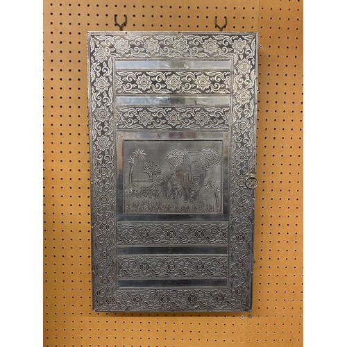 218 - WALL MOUNTED JEWELLERY CABINET WITH ORNATE COVER DECORATED WITH ELEPHANTS