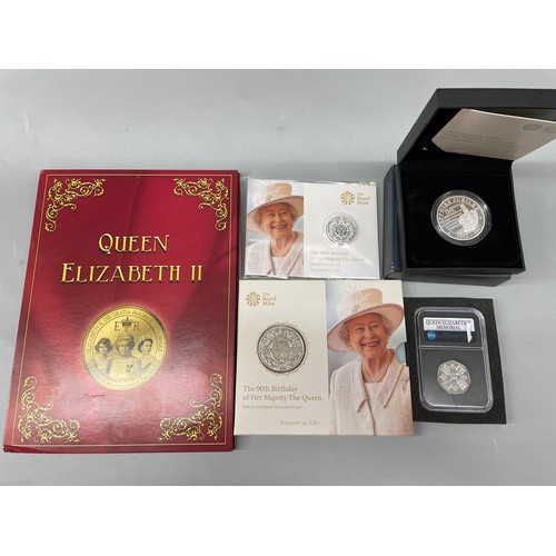 613 - QUEEN ELIZABETH II ENAMEL PLATED PROOF MEDALLION SET, BOXED 2017 UK FIVE POUND SILVER PROOF PIEDFORT... 