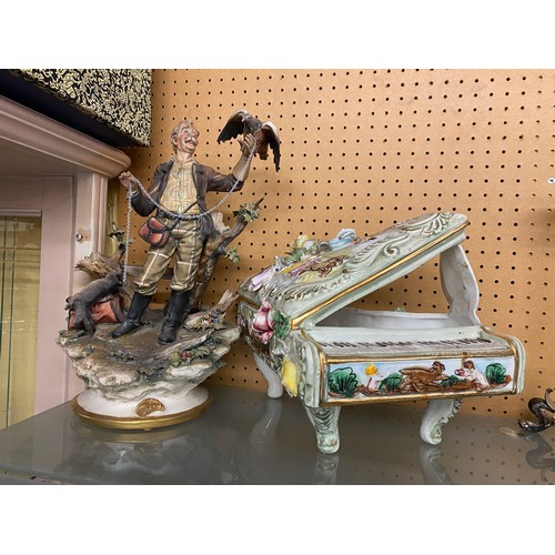 522 - CAPODIMONTE FLORAL ENCRUSTED GRAND PIANO MODEL, AND MODEL OF THE FALCONER A/F