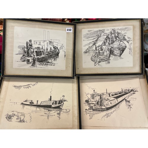 232 - FOUR PEN AND INK SKETCHES OF CANAL BOATS