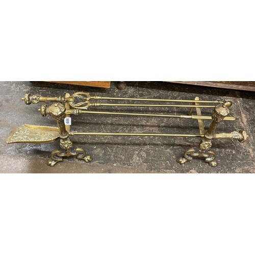 444 - BRASS ANDIRONS AND FIRE TOOLS