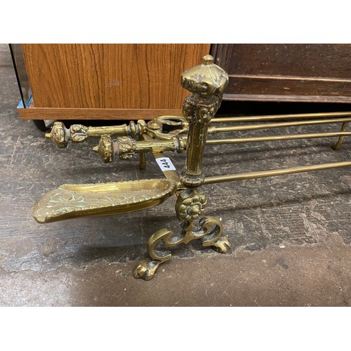 444 - BRASS ANDIRONS AND FIRE TOOLS