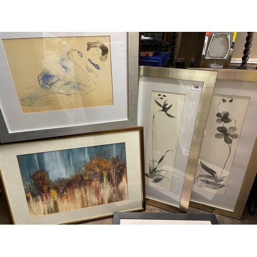 199 - MIXED MEDIA ON PAPER BRYNARTH TREES IN AUTUMN, LITHOGRAPHIC PRINT OF RECLINING FEMALE, AND ONE OTHER... 