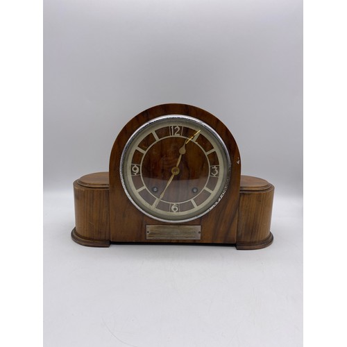 446 - MID 20TH CENTURY WALNUT ARCH CASED MANTLE CLOCK WITH PRESENTATION INSCRIPTION