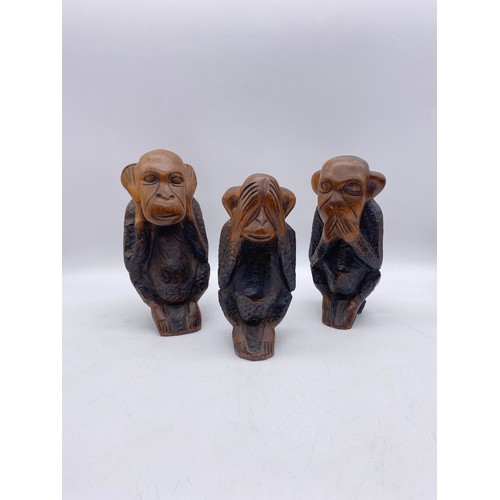 447 - THREE CARVED WISE MONKEY GROUPS