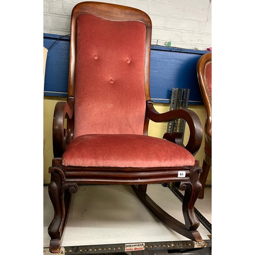 61 - VICTORIAN PINK UPHOLSTERED ROCKING ARMCHAIR