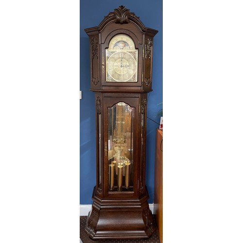 222 - GOOD QUALITY REPRODUCTION ARCH DIAL MOON PHASE TRIPLE WEIGHT ILLUMINATED LONG CASED CLOCK