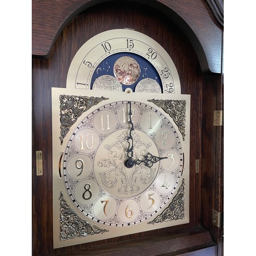 222 - GOOD QUALITY REPRODUCTION ARCH DIAL MOON PHASE TRIPLE WEIGHT ILLUMINATED LONG CASED CLOCK