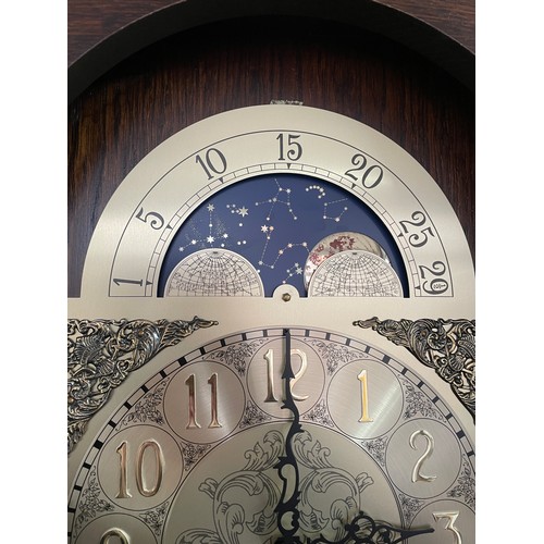 222 - GOOD QUALITY REPRODUCTION ARCH DIAL MOON PHASE TRIPLE WEIGHT ILLUMINATED LONG CASED CLOCK