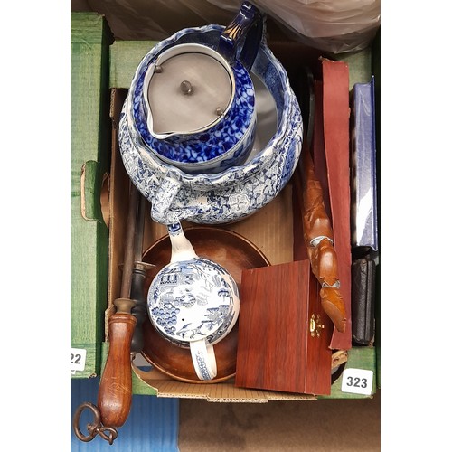 323 - FLO BLUE WATER JUG, WILLOW PATTERNED COFFEE POT, TURNED TREEN FRUIT AND BOWL