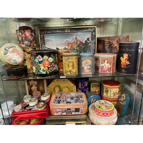 307 - TWO SHELVES OF VINTAGE AND REPRODCUTION ADVERTISING TINS