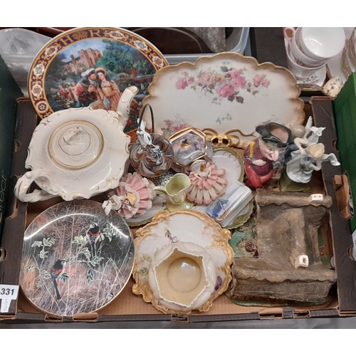 331 - BELLEEK CREAMWARE SMALL PLANTER, VICTORIAN GILDED PLATES, ROCKINGHAM STYLE TEAPOT, NORITAKE TRINKET ... 