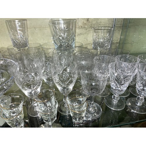 304 - SHELF OF CUT GLASS INCLUDING TUMBLERS, GOBLETS AND PEDESTAL BOWL