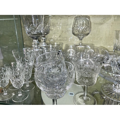 304 - SHELF OF CUT GLASS INCLUDING TUMBLERS, GOBLETS AND PEDESTAL BOWL