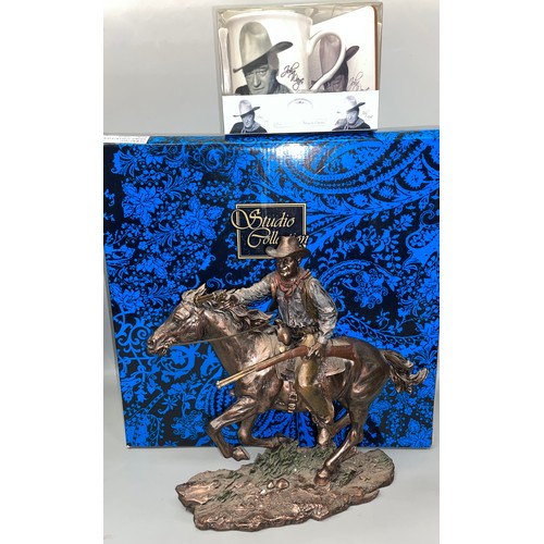 302 - BRONZED PATINATED FIGURE GROUP OF JOHN WAYNE AND A MUG AND COASTER SET