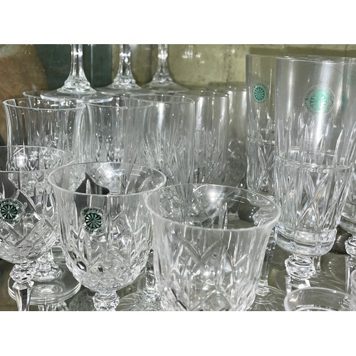 294 - IRISH GLASWAY CRYSTAL SUITES OF WINE GLASSES AND FLUTES, ICE BUCKET