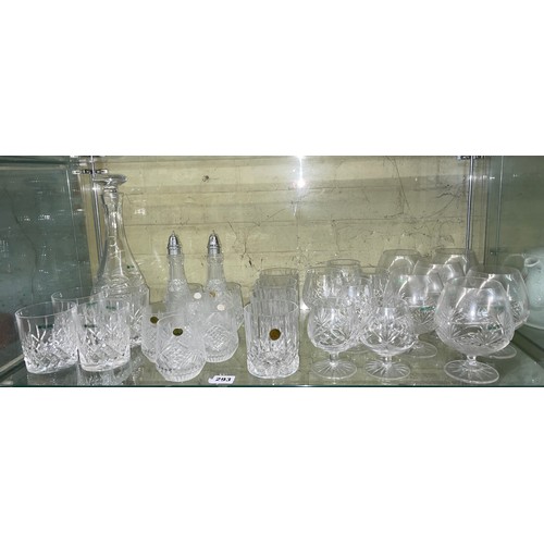 293 - GALWAY IRISH CRYSTAL TUMBLERS, MALLET DECANTER AND BRANDY BALLOONS