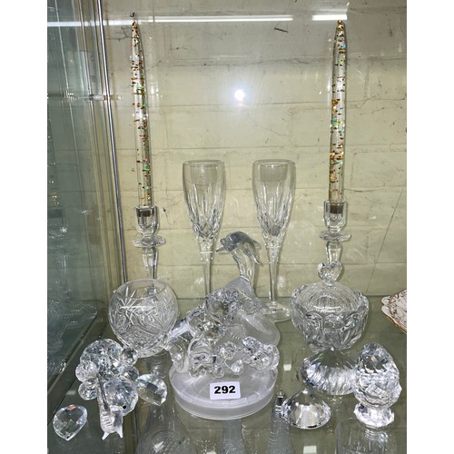 292 - PAIR OF STUART CRYSTAL WINE FLUTES, CUT CRYSTAL ANIMAL AND CRYSTAL D'ARC FIGURE GROUPS