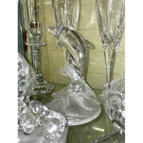 292 - PAIR OF STUART CRYSTAL WINE FLUTES, CUT CRYSTAL ANIMAL AND CRYSTAL D'ARC FIGURE GROUPS