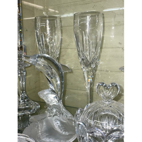 292 - PAIR OF STUART CRYSTAL WINE FLUTES, CUT CRYSTAL ANIMAL AND CRYSTAL D'ARC FIGURE GROUPS