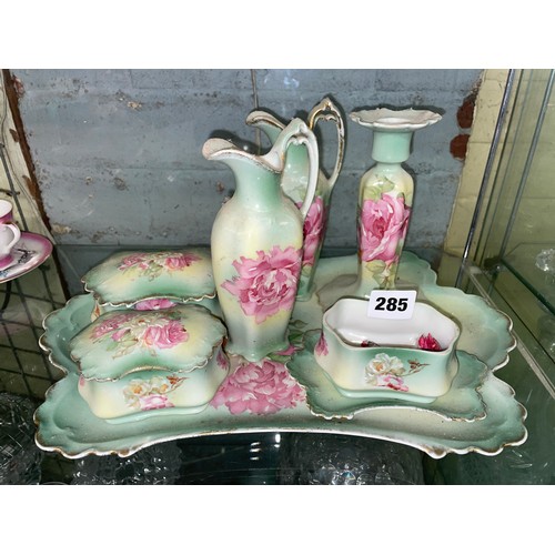 285 - AUSTRIAN GREEN ROSE PATTERN DRESSING TABLE SET