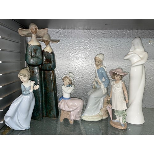 281 - LLADRO, NAO, AND A DOULTON BLANC DE CHINE FIGURE GROUPS INC FRENCH NUNS AF