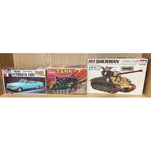 266 - MARX CAT FIRING TANK, BOXED USA PLYMOUTH FURY MODEL KIT, AND TAMIYA SHERMAN TANK TOY