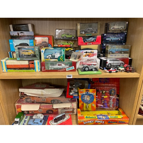 262 - TWO SHELVES OF BOXED DIE CAST MODEL CARS BY VITESSE, PILEN, AND OTHERS