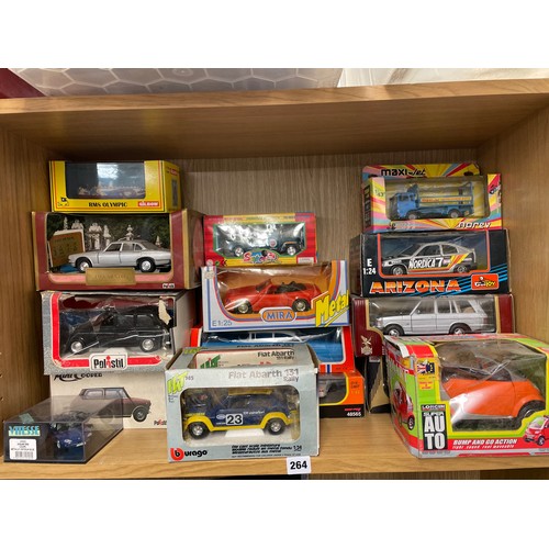 264 - SHELF OF BOXED DIE CAST MODEL SCALE CARS