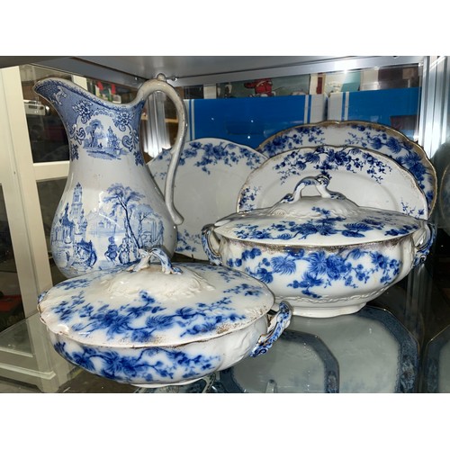 348 - SELECTION OF BLUE AND WHITE TRANSFER PRINTED PLATTERS, SOUP TUREENS AND WASH JUG