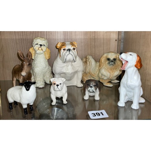 391 - ROYAL DOULTON SEATED BULL DOG, BESWICK DONKEY, BULL DOG FIGURES AND LAMB, AND A PORCELAIN PEKINESE D... 