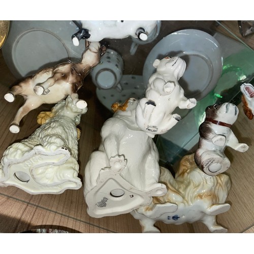 391 - ROYAL DOULTON SEATED BULL DOG, BESWICK DONKEY, BULL DOG FIGURES AND LAMB, AND A PORCELAIN PEKINESE D... 