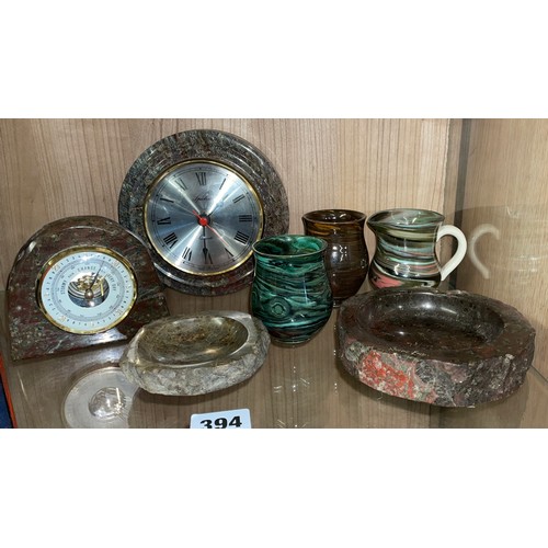 394 - QUANTITY OF SERPENTINE ITEMS INCLUDING MANTLE TIME PIECE, BAROMETER AND AGATE POTTERY