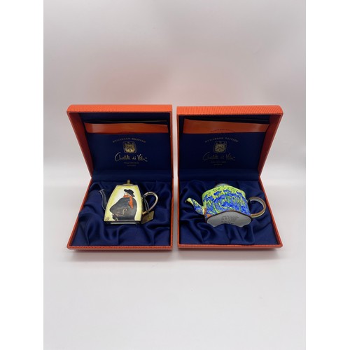 395 - TWO CASED CHARLOTTE DI VITA MINIATURE ENAMEL TEAPOTS VAN GOGH/TOULOUSE LE TREC