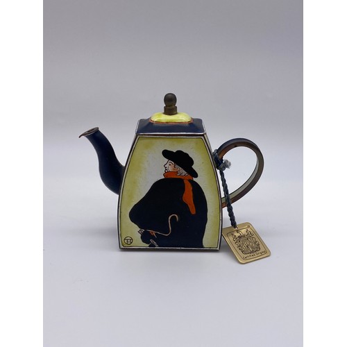 395 - TWO CASED CHARLOTTE DI VITA MINIATURE ENAMEL TEAPOTS VAN GOGH/TOULOUSE LE TREC